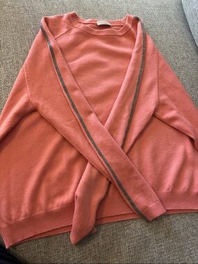 Brunello Cucinelli Coral Pink Crewneck Sweater with Metallic Trim